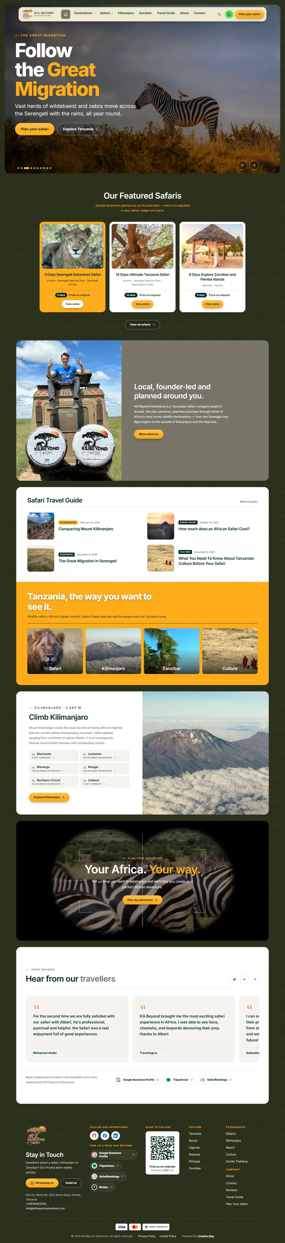 Desktop homepage of Kili Beyond Adventure