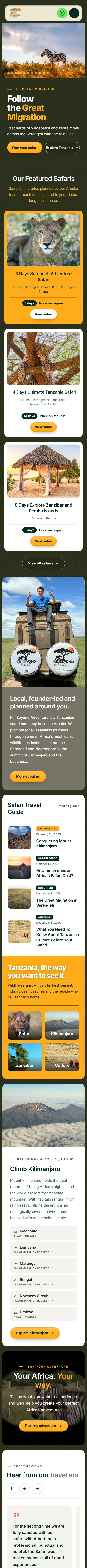 Mobile homepage of Kili Beyond Adventure