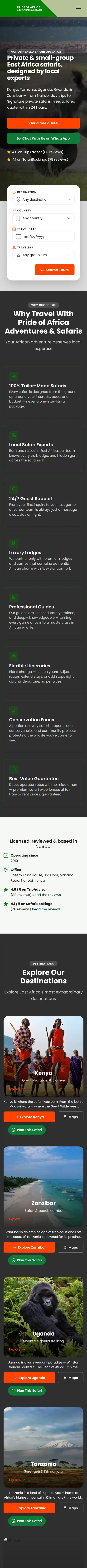 Mobile homepage of Pride of Africa Adventures & Safaris