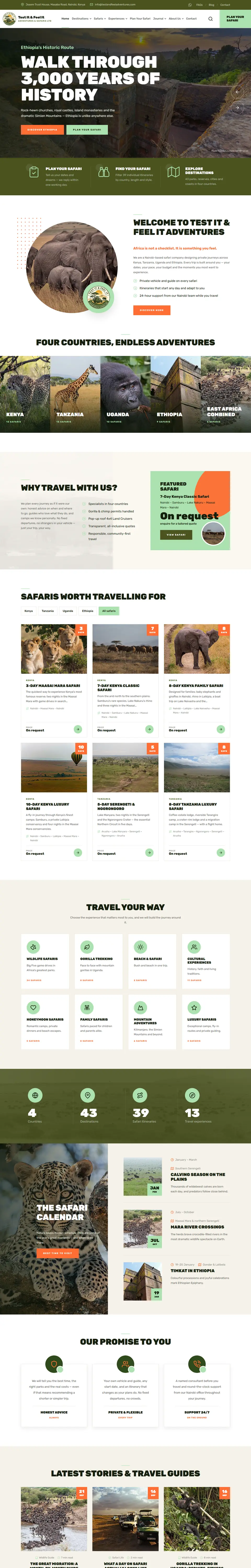 Desktop homepage of Test It & Feel It Adventures & Safaris