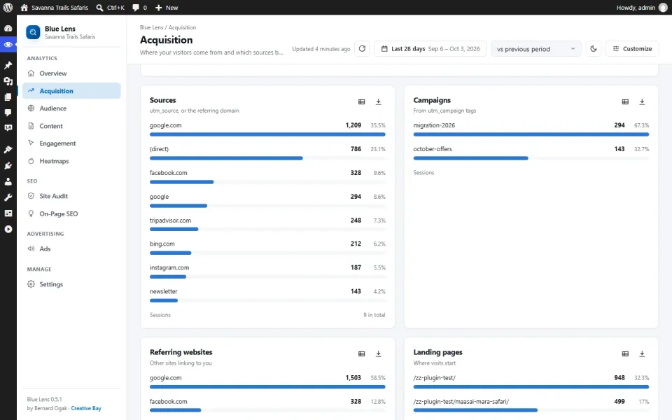 Blue Lens Analytics acquisition report with channel performance (demo data)