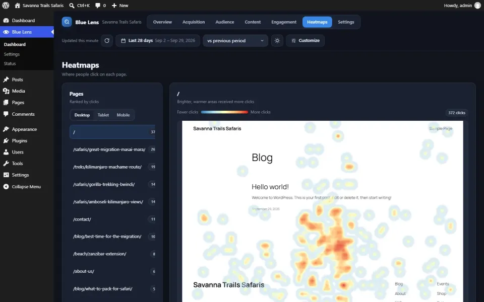 Blue Lens Analytics click heatmap over a page preview (demo data)