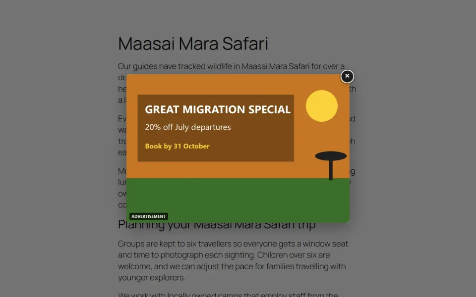 Local Ad popup advertisement shown over a web page (demo content)